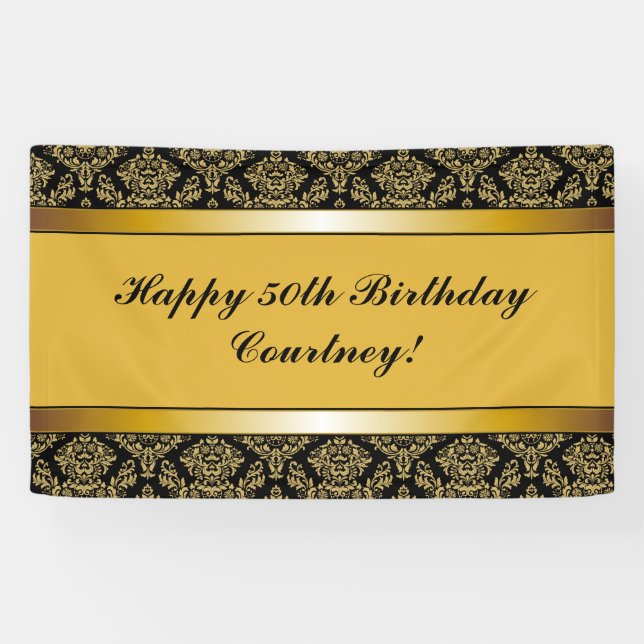 Banderoles N'importe quel âge Gold Damask Anniversaire Banniè (Horizontal)