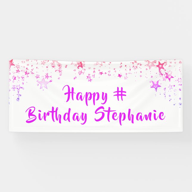 Banderoles N'Importe Quel Anniversaire Rose Étoiles Personnal (Horizontal)