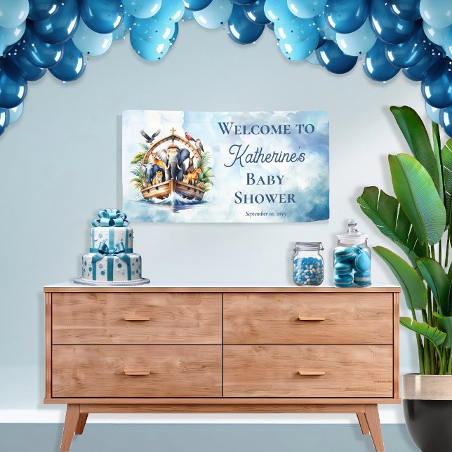 Banderoles Noah's Ark Cute Animals Blue Boy Baby shower (Noah's Ark Cute Animals Blue Boy Baby Shower Banner 1.6' x 3')