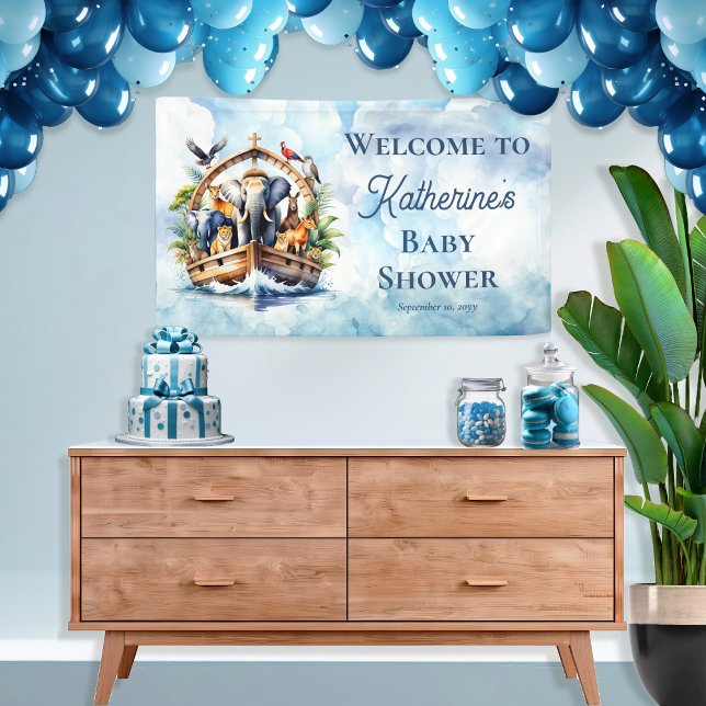 Banderoles Noah's Ark Cute Animals Blue Boy Baby shower (Noah's Ark Cute Animals Blue Boy Baby Shower Banner 3' x 5')