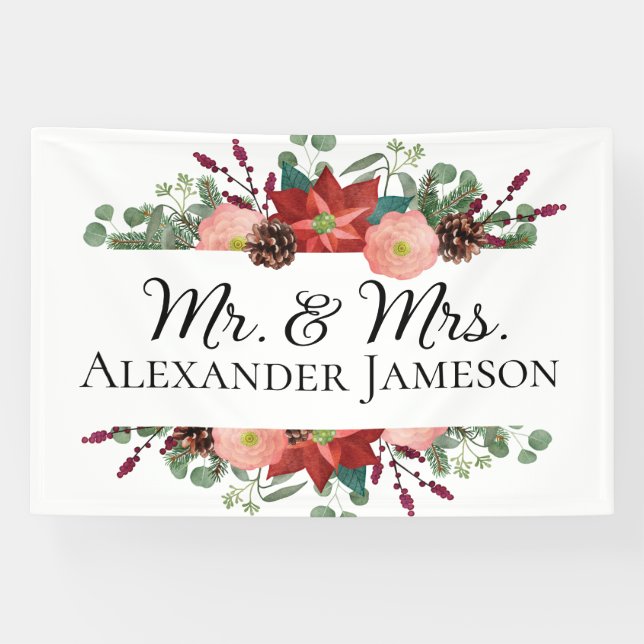 Banderoles Noël hiver Rouge Floral M & Mme Mariage (Horizontal)