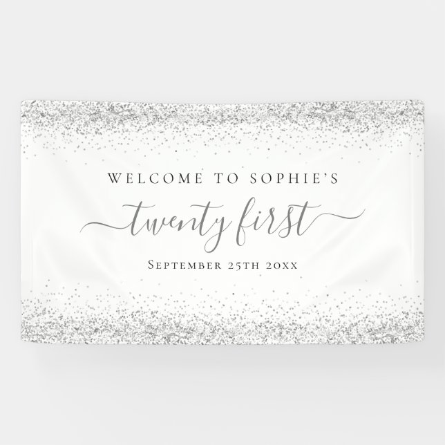 Banderoles Nom de la Parties scintillant Argent Date Bienvenu (Horizontal)