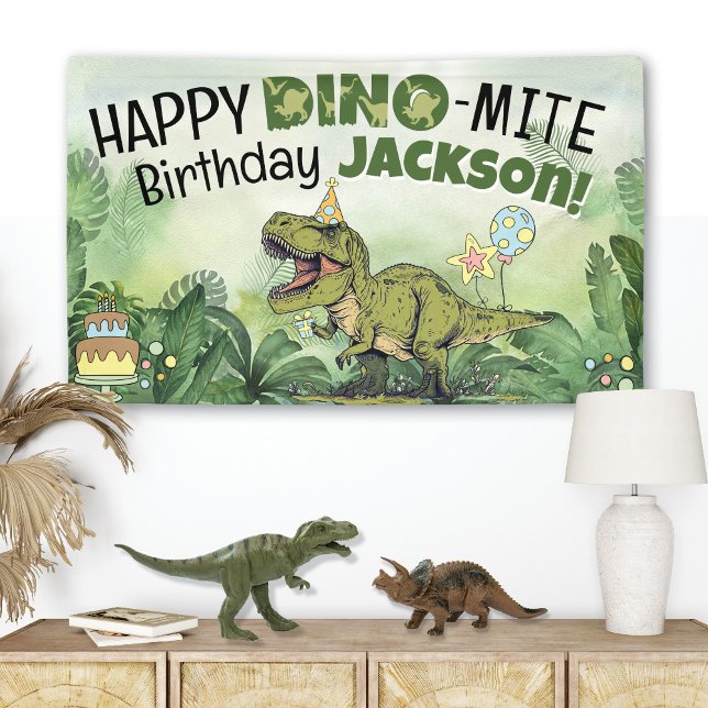 Banderoles Nom des enfants Dino-Mite Dinosaur Anniversaire (Cute Jurassic T-Rex Cartoon Dinosaur Theme Boy Birthday Party Banner, Happy Dino-Mite Birthday Name )