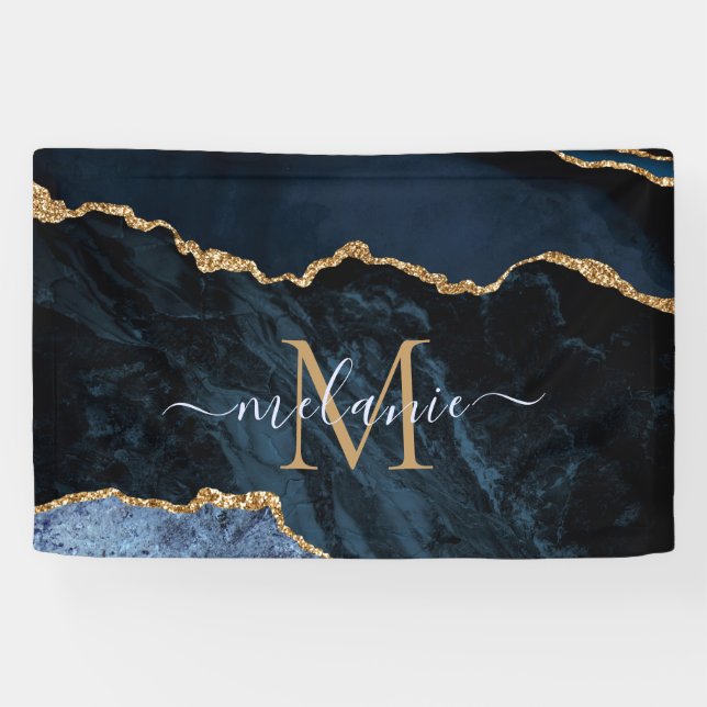 Banderoles Nom du monogramme Agate Marine Bleu Gold Gemstone  (Horizontal)