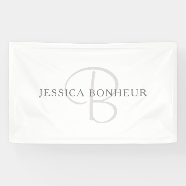 Banderoles Nom élégant Monogramme | Blanc & Gris (Horizontal)