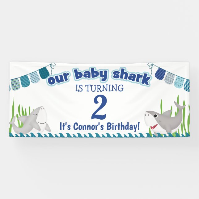 Banderoles Notre Bébé Requin Ajouter Votre Âge Enfant Anniver (Horizontal)