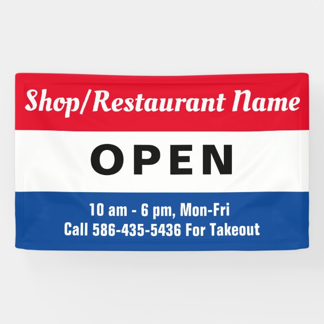 Banderoles Nous sommes Open Sign, Business Name, Heures Custo (Horizontal)