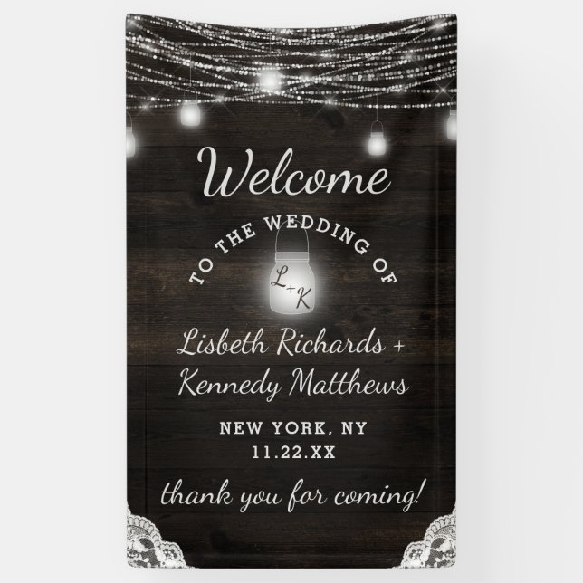 Banderoles Oak Ridge Rustic Wood & Mason Jars Mariage Bienven (Vertical)