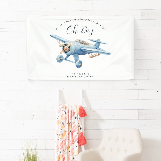 Banderoles Oh Boy! Adventure Awaits Airplane Boy Baby Shower (En situation)