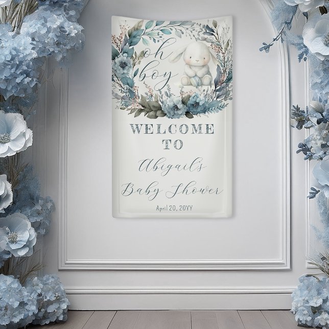 Banderoles Oh garçon lapin lapin bleu Floral Baby shower de c (Bunny Rabbit and Blue Floral Wreath Boy Baby Shower Banner - "Oh Boy" Bunny Collection)