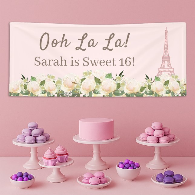 Banderoles Ooh La La Douce 16 Tour Eiffel Fleur rose blanc (Blush pink Ooh La La Paris/Eiffel Tower Sweet 16 birthday party banner)