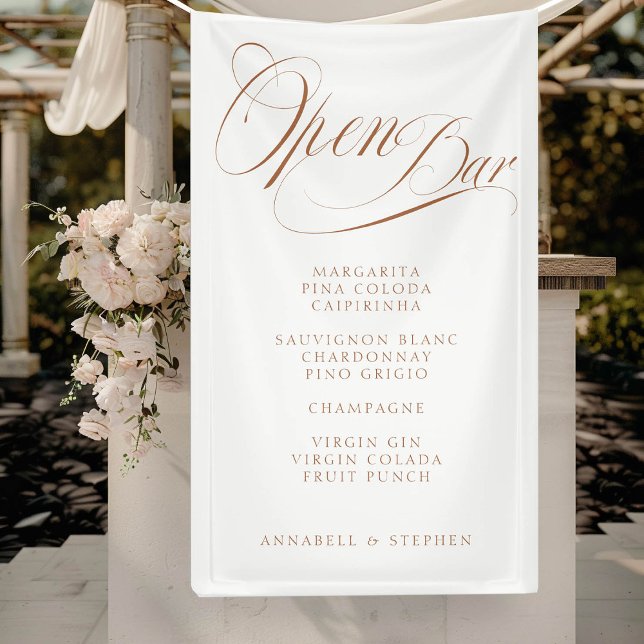 Banderoles Open Bar ! Moderne, Calligraphie, Blanc ("Open Bar" Modern, Calligraphy, White, Drink Menu Banner for Wedding or other Occasions.)