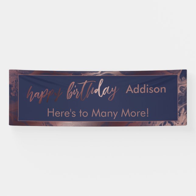 Banderoles Or Rose moderne et marine marbré Joyeux anniversai (Horizontal)