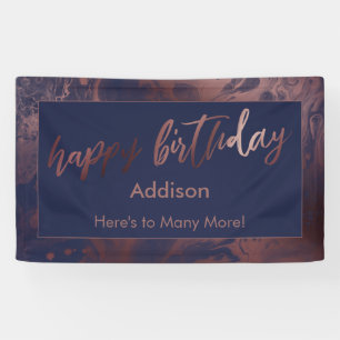 Banderoles Or Rose moderne et marine marbré Joyeux anniversai