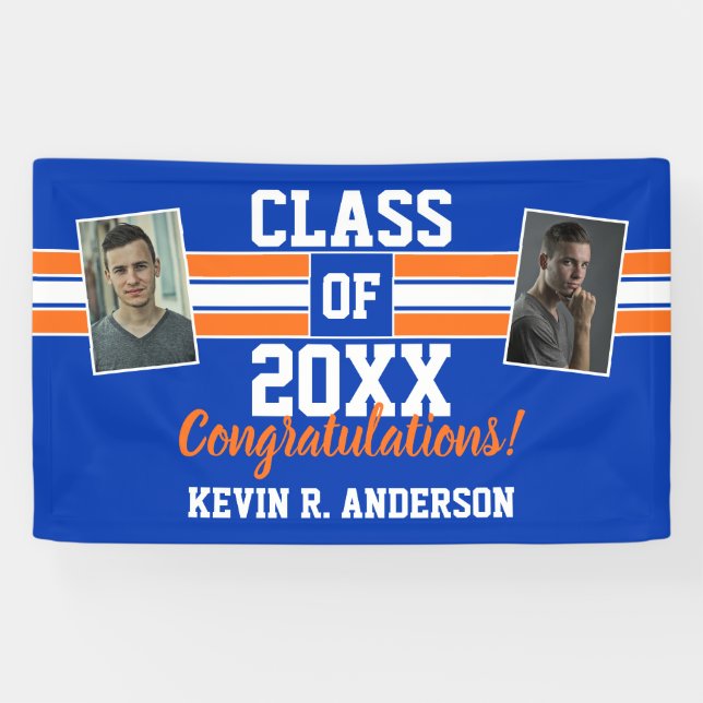 Banderoles Orange and Blue Graduation Photo Félicitations (Horizontal)