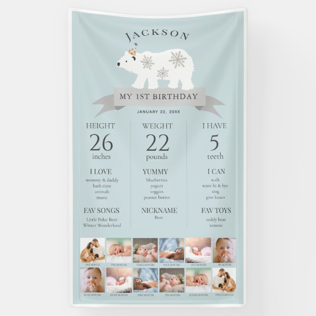 Banderoles Ours bleu 1er anniversaire Jalon Timeline (Vertical)