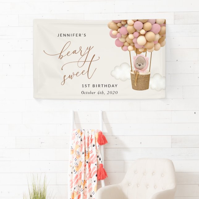 Banderoles Ours mignon, Ballons roses, Bienvenue pour le prem (En situation)