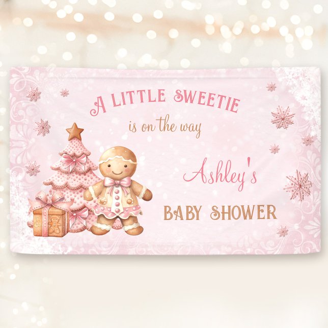 Banderoles Pain d'épices Homme Fille Baby shower de Noël rose (Gingerbread Man Girl Pink Christmas Baby Shower Banner)