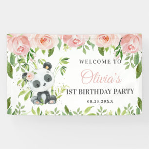 Banderoles Panda rose pâle Vert Floral Bambou fond B