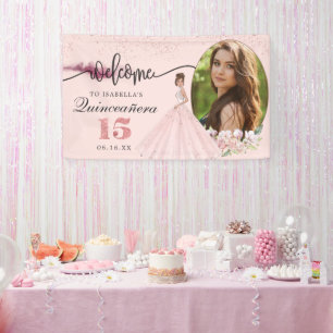Banderoles Panneau de bienvenue de Quinceañera florale en or 