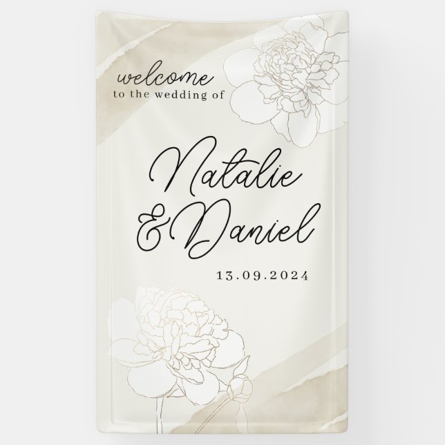 Banderoles Panneau de mariage Fleurs de pivoines blanches (Vertical)
