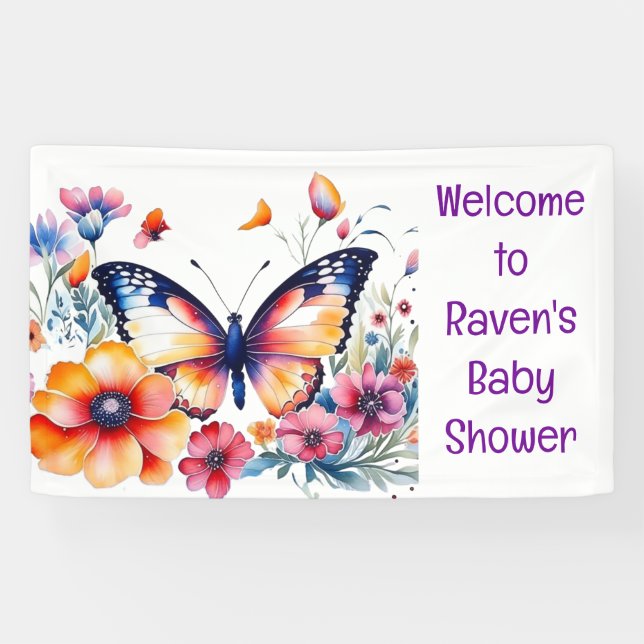 Banderoles Papillon en fleurs Baby shower de fille (Horizontal)