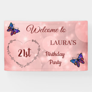 Banderoles Papillon rose mousseux personnalisé 21e anniversa