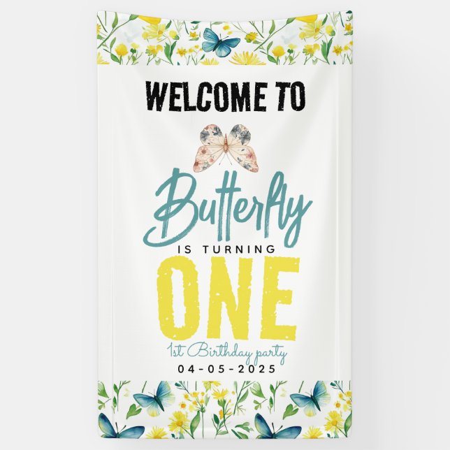 Banderoles Papillon Whimsical Floral 1er anniversaire (Vertical)