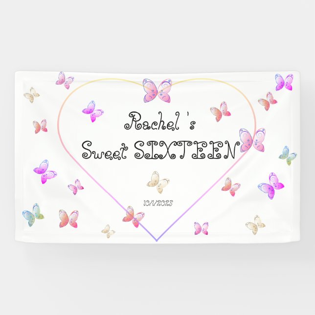 Banderoles Papillons de coeur rose doux 16 Anniversaire (Horizontal)