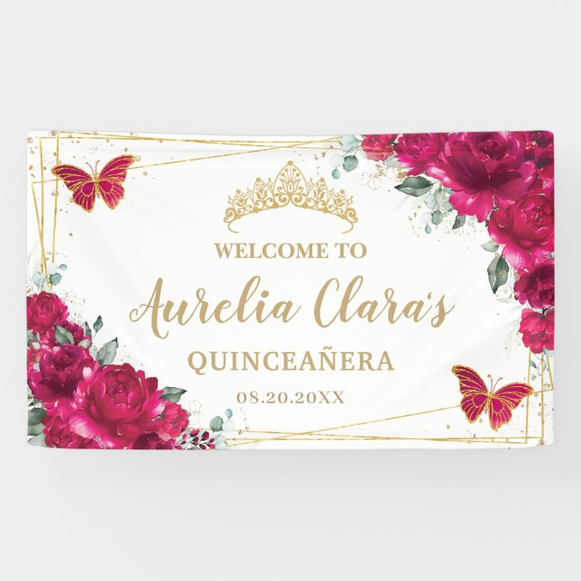 Banderoles Papillons Floraux Rose Fuchsia Accueil (Horizontal)