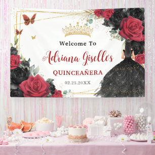 Banderoles Papillons floraux Rose noirs rouges Quinceañera XV