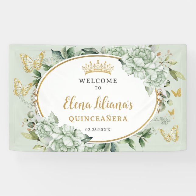 Banderoles Papillons floraux verts Sage Quinceañera Bienvenue (Horizontal)