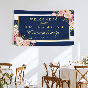 Banderoles Parti de mariage floral bleu marine moderne