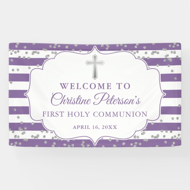 Banderoles Parties scintillant Argent Purple Première Communi (Horizontal)