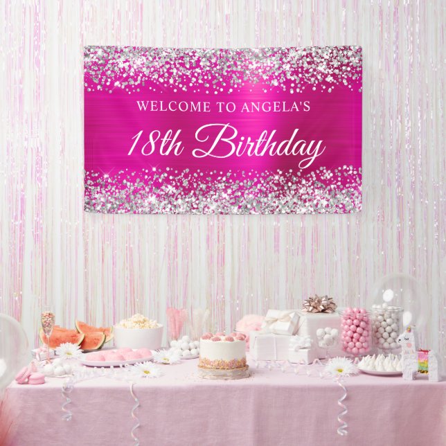 Banderoles Parties scintillant d'argent Hot Pink Foil 18e ann (Fête)