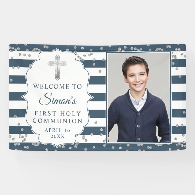 Banderoles Parties scintillant d'argent Marine Blue First Com (Horizontal)