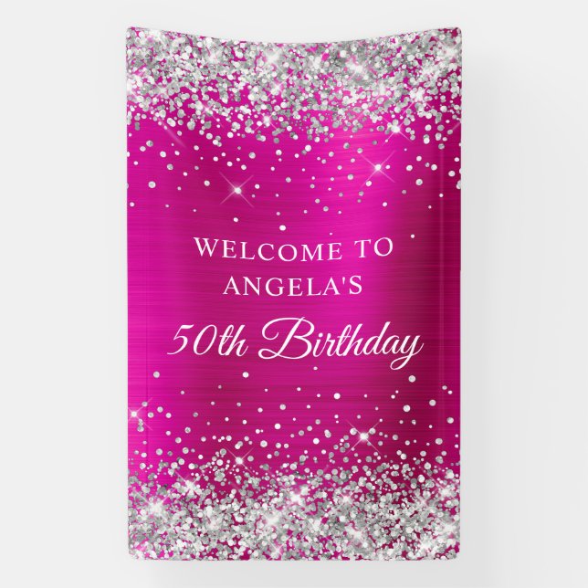 Banderoles Parties scintillant d'argent Pink Hot Foil 50e ann (Verticale)