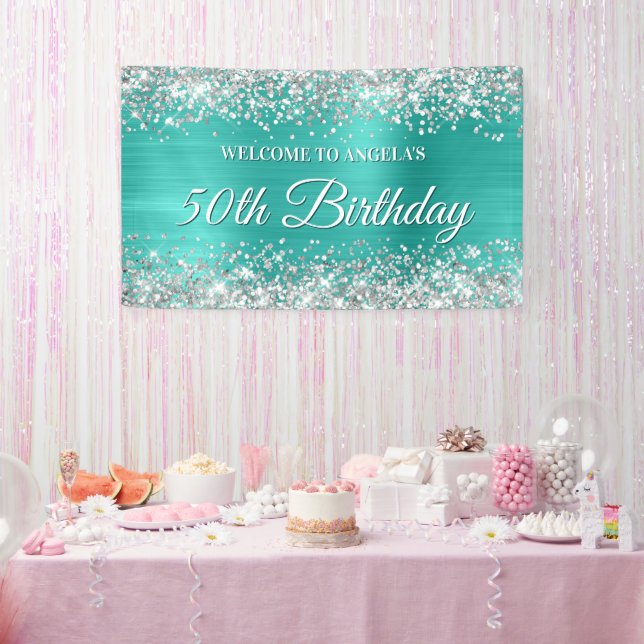 Banderoles Parties scintillant d'argent Turquoise Foil 50e an (Fête)