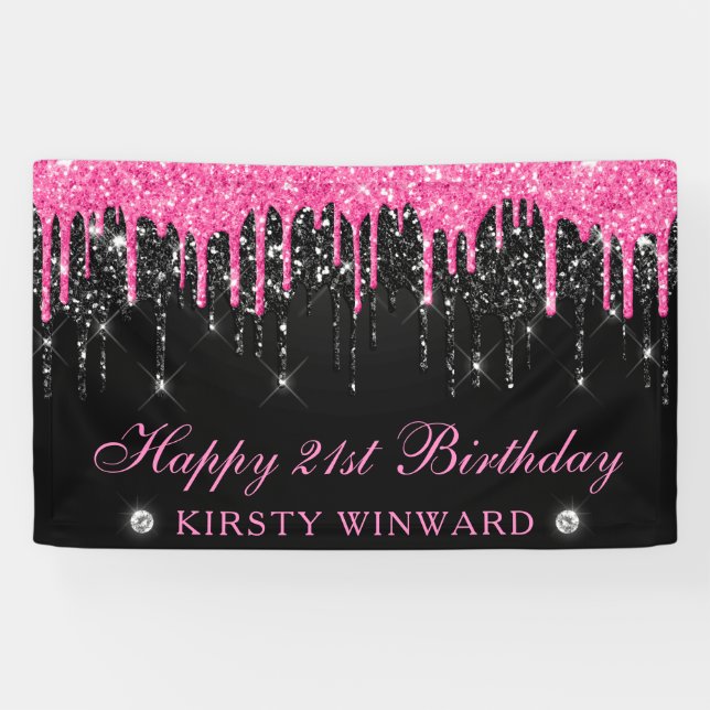 Banderoles Parties scintillant de séchage rose et noir 21e an (Horizontal)