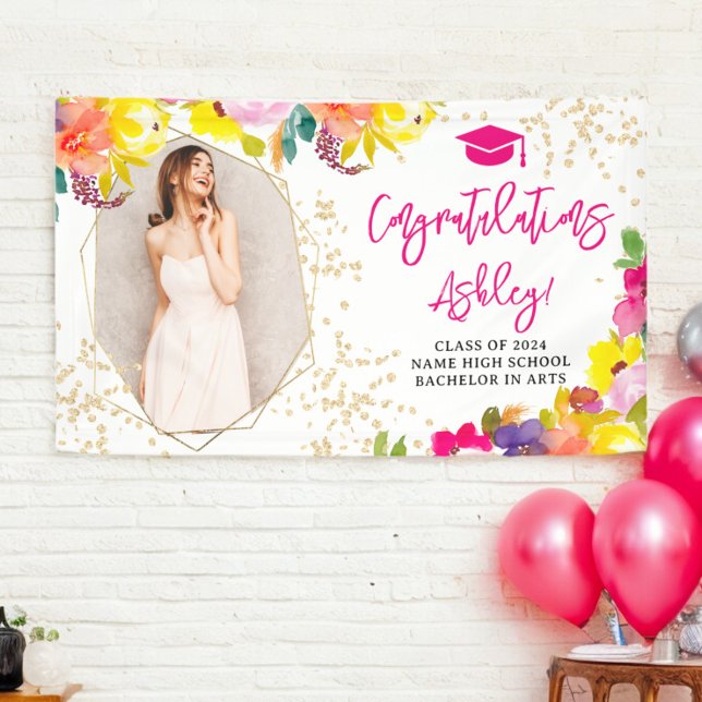 Banderoles Parties scintillant d'or boho audacieux floral gra (Gold glitter boho bold floral graduation congrats banner)