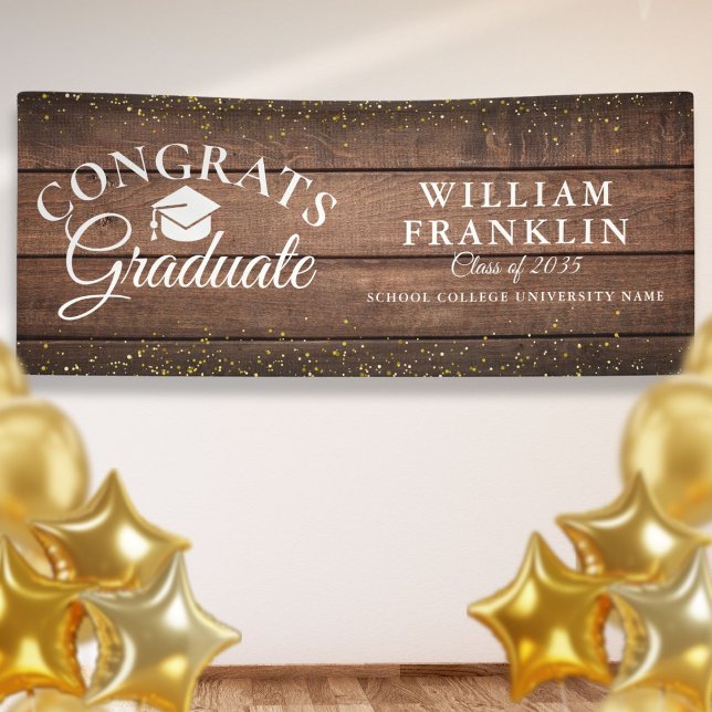 Banderoles Parties scintillant d'or en bois rustique Graduati (Rustic Wood Gold Glitter Modern Graduation Banner)
