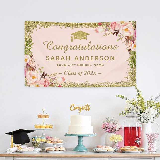 Banderoles Parties scintillant d'or Faux Blush Rose Floral Gr (Créateur téléchargé)