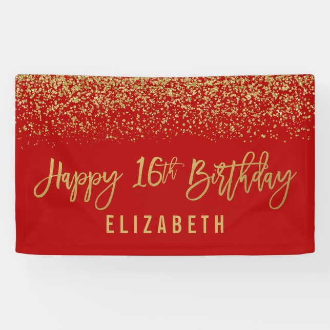 Banderoles Parties scintillant d'or moderne Red Faux 16e anni (Horizontal)