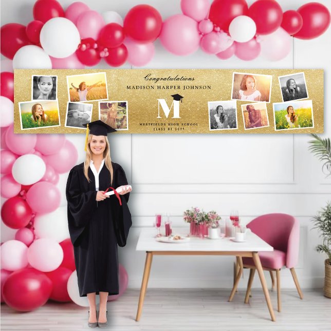 Banderoles Parties scintillant d'or Monogramme 10 Photo Gradu (Gold Glitter Name Monogram Stylish 10 Photo Graduation Party Banner @ www.zazzle.com/color_therapy)