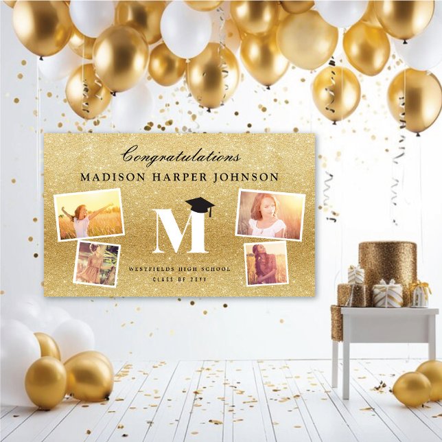 Banderoles Parties scintillant d'or Monogramme 4 Photo Stylis (Gold Glitter Name Monogram Stylish 4 Photo Graduation Party Banner @ www.zazzle.com/color_therapy)