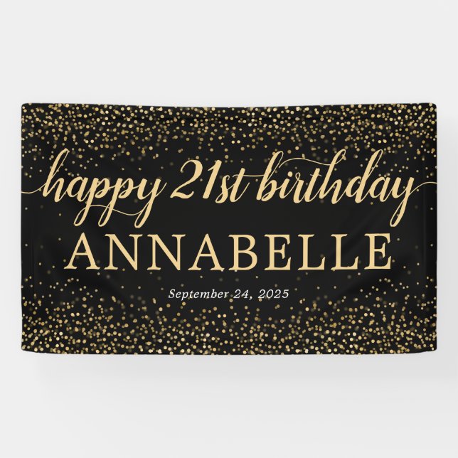 Banderoles Parties scintillant d'or noir Confetti Joyeux 21e  (Horizontal)
