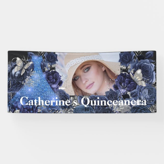 Banderoles Parties scintillant en argent bleu papillon quince (Horizontal)