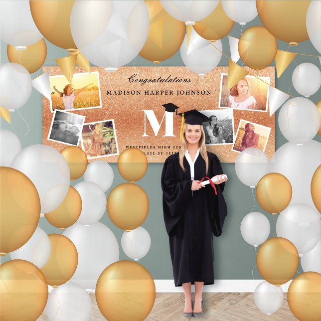 Banderoles Parties scintillant en cuivre Monogramme 6 Photo G (Copper Glitter Name Monogram 6 Photo Chic Graduation Party Banner @ www.zazzle.com/color_therapy)