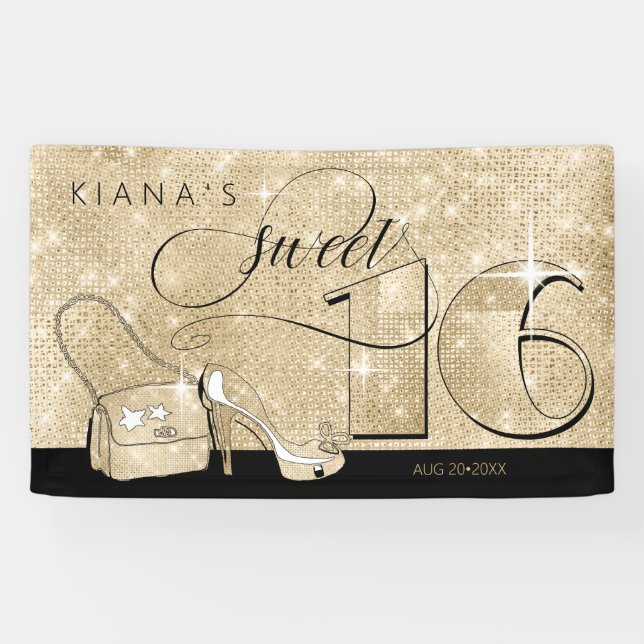 Banderoles Parties scintillant et brillant Sweet 16 Black/Gol (Horizontal)
