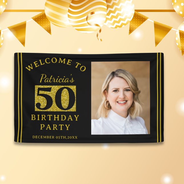 Banderoles Parties scintillant Noire et Or 50e anniversaire d (Classy Black Gold Glitter 50th Birthday Party Photo welcome banner)